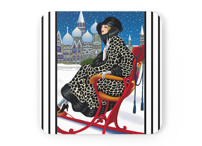 Elegant Winter Woman in Sleigh Cork Back Coaster