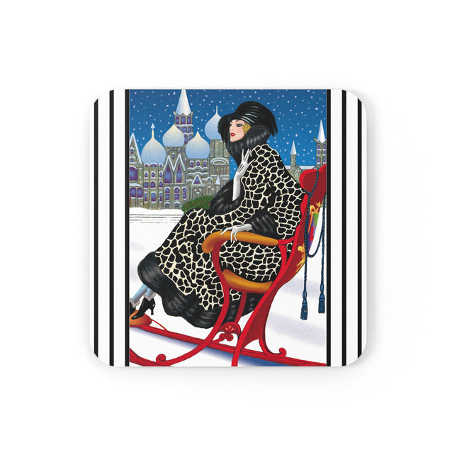 Elegant Winter Woman in Sleigh Cork Back Coaster