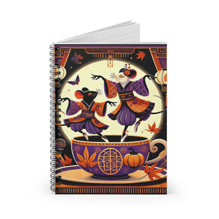 Theatrical Halloween Kabuki Mice on Teacup Spiral Notebook - Ruled Line
