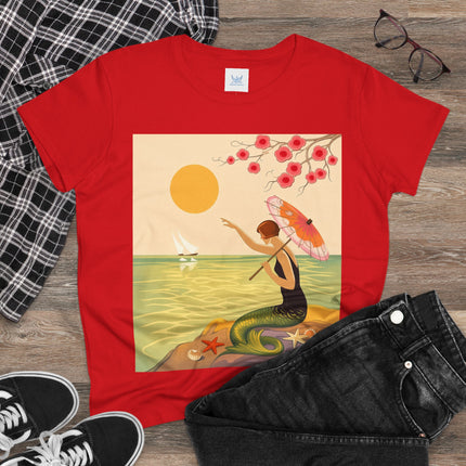 🧜‍♀️🌸 The Mermaid Beneath The Blossoms Cotton Tee – Art Deco Seaside Fantasy
