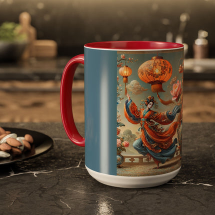 Golden Dragon & Lantern Lady Colorful Mug – Imperial Dragon & Elegant Harmony