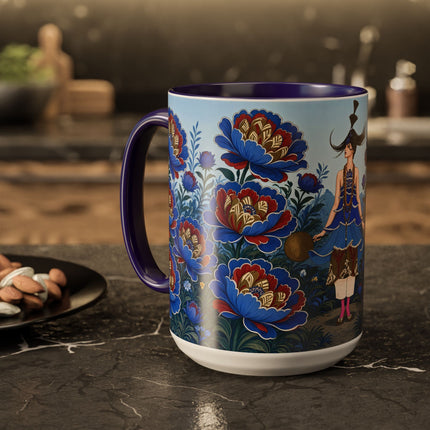 💙🌺 The Sapphire Blossom Garden Dancer Colorful Mug – Art Deco Fashion Fantasy