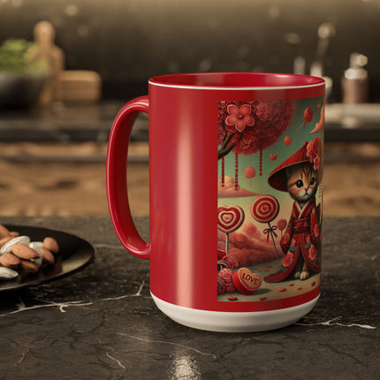 Whimsical Geisha Kitten in a Valentine Garden Colorful Mugs (11oz, 15oz)