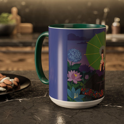 The Lady Of The Moonlit Needlework Colorful Mugs – Art Deco Crafting Elegance