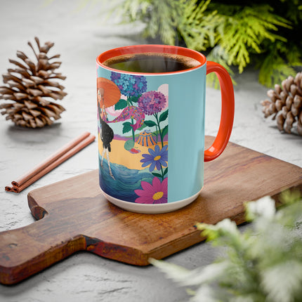 The Lady Of The Coral Parasol Colorful Mugs – Art Deco Coastal Elegance