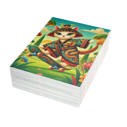🐉🛹 The Dragon Skateboard Kitten Greeting Card – Whimsical Enchanted Garden