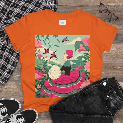 🐦🌺 The Garden Of Flying Birds Cotton Tee – Art Deco Floral Whimsy