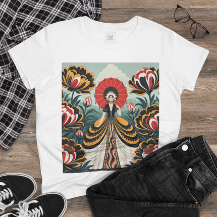 ❤️🌺 The Scarlet Parasol Garden Cotton Tee – Art Deco Floral Elegance
