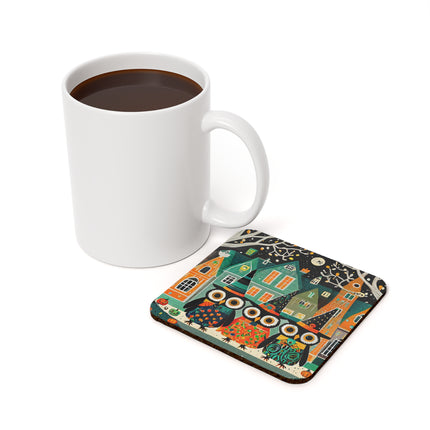 Night of the Trick-or-Treating Owlets Cork Back Coaster