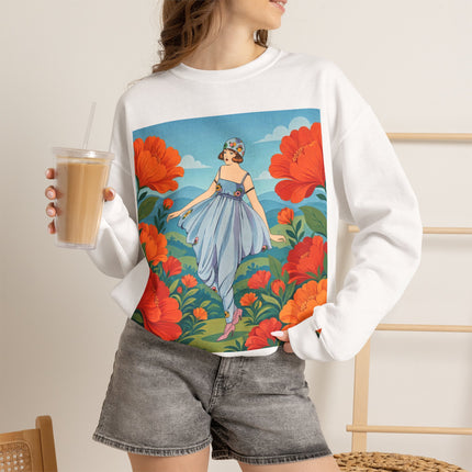 🌺🩵 The Poppy Hill Promenade Crewneck Sweatshirt – Art Deco Fashion Whimsy