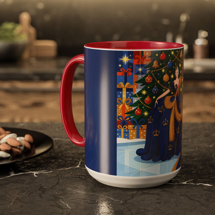 👑🎄 The Christmas Queen Of Golden Bells Colorful Mug – Art Deco Holiday Elegance