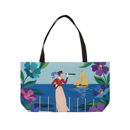 🌊🔭 The Lady Of The Seaside Lookout Weekender Tote Bag – Art Deco Nautical Adventure
