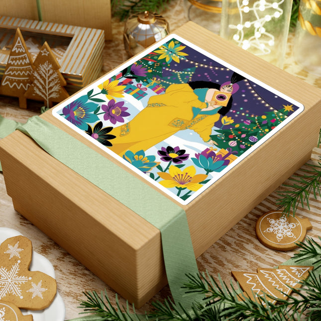 💛🎄 The Lady Of The Golden Christmas Cloak Kiss-Cut Sticker – Art Deco Holiday Fantasy