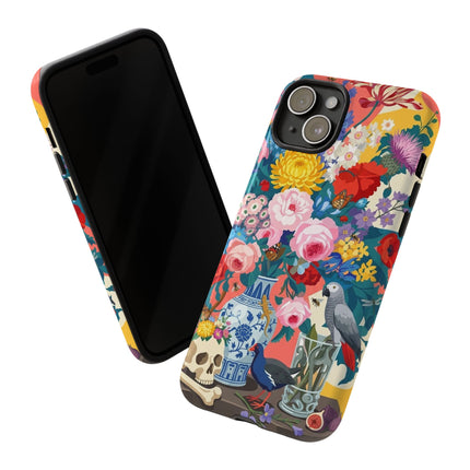 Floral Vanitas Phone Case – Parrot & Porcelain Splendor