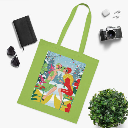 🎄☕ Christmas Tea In The Snow Garden Cotton Tote Bag – Art Deco Holiday Friendship