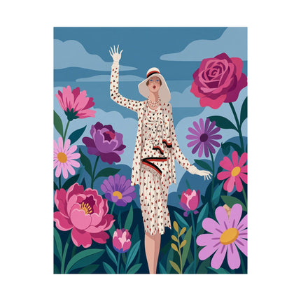 🌸👒 The Lady Of The Grand Flower Garden Matte Vertical Poster – Art Deco Fashion Illustration