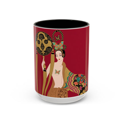 Butterfly Empress of the Crimson Pavilion Colorful Mug (11oz, 15oz) – Art Deco Beauty, Butterfly Elegance & Ornamental Style