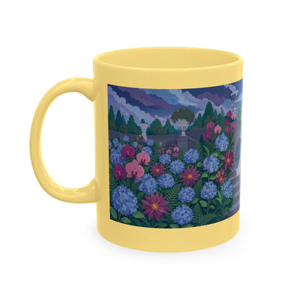 🦚🌸 The Lady & The Peacock On The Garden Steps Ceramic Mug – Art Deco Garden Elegance