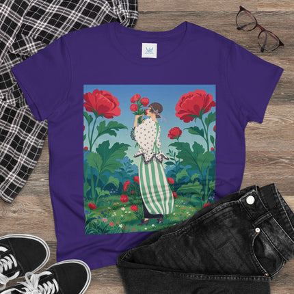 🌹🌿 The Scarlet Rose Garden Cotton Tee – Art Deco Floral Whimsy