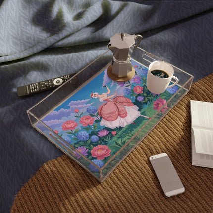 🎭🌸 The Lady Of The Secret Masquerade Acrylic Serving Tray – Art Deco Garden Fantasy