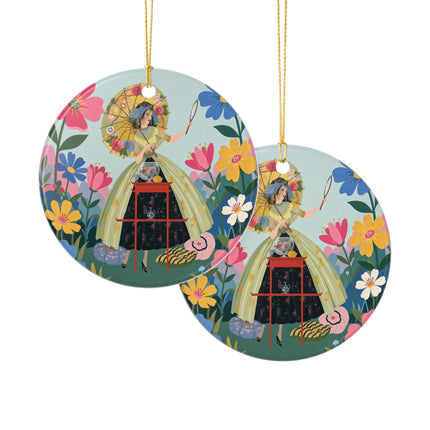🌸🪞 The Floral Parasol Reflection Ceramic Ornament – Art Deco Garden Fantasy