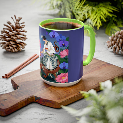 The Lady And The Garden Dragon Colorful Mugs – Art Deco Mythical Botanical Elegance