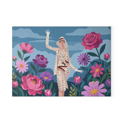 🌹☁️ The Lady Of The Rose Garden Glass Cutting Board – Art Deco Floral Fashion Elegance