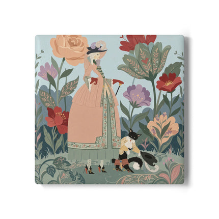 🌹🐩 The Garden Of Little Gentlemen Ceramic Coaster – Art Deco Floral Whimsy