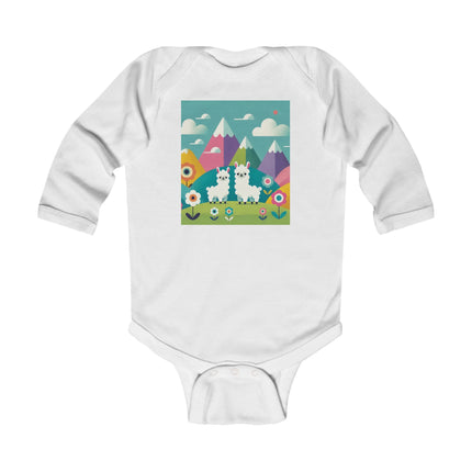 Alpine Alpaca Adventure Baby Long Sleeve Bodysuit – Whimsical Andes Alpaca Mountain Design