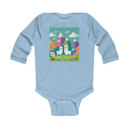 Alpine Alpaca Adventure Baby Long Sleeve Bodysuit – Whimsical Andes Alpaca Mountain Design