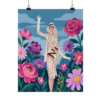 🌸👒 The Lady Of The Grand Flower Garden Matte Vertical Poster – Art Deco Fashion Illustration