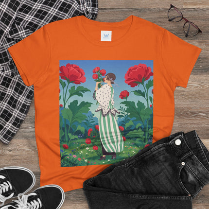 🌹🌿 The Scarlet Rose Garden Cotton Tee – Art Deco Floral Whimsy