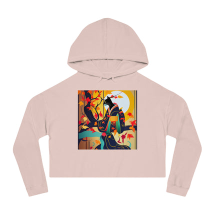 Black Cat in Kimono Women’s Cropped Hooded Sweatshirt