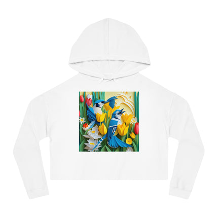 Blue Jays in a Spring Garden Women’s Cropped Hooded Sweatshirt