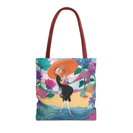 ☂️🌺 The Lady Of The Seaside Parasol Tote Bag – Art Deco Floral Fashion