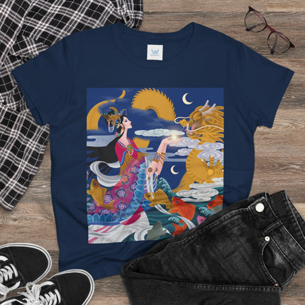 Dragon Pearl Offering Women's Midweight Cotton Tee – Mystical Fantasy & Golden Grace