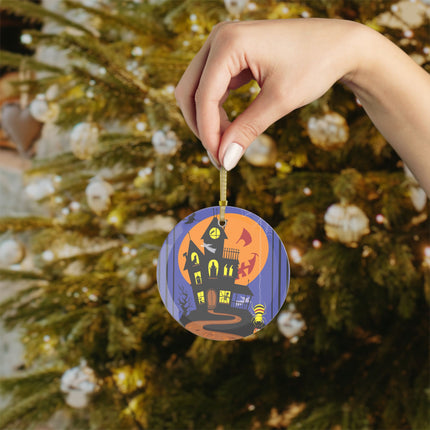 Halloween Night at the Haunted House Glass Ornament