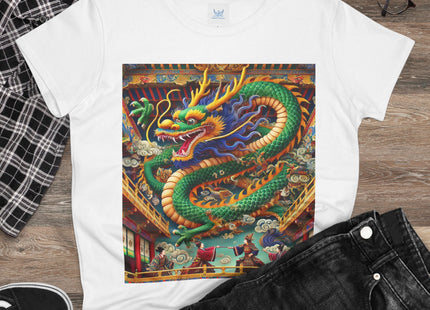 Tibetan Dragon Over Kabuki Duel Women's Midweight Cotton Tee