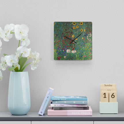 Farm Garden with Sunflowers by Gustav Klimt Acrylic Wall Clock, Round and Square
