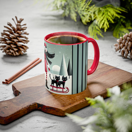 Red Sled & Curious Cats Colorful Mugs (11oz, 15oz)