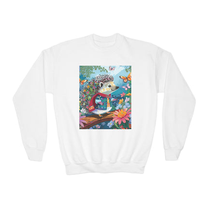Cute Hedgehog Youth Crewneck Sweatshirt – Garden Adventure & Whimsical Charm