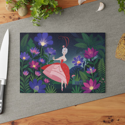 🌙🌺 The Lady Of The Midnight Flower Garden Glass Cutting Board – Art Deco Floral Elegance