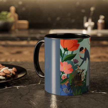 The Lady And The Mysterious Bird Colorful Mugs – Art Deco Botanical Mystery