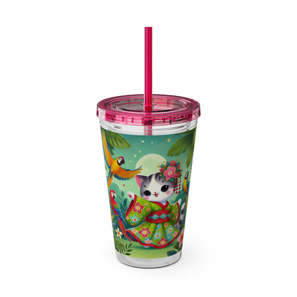 Parrot Dance of the Geisha Kitten Sunsplash Tumbler with Straw, 16oz