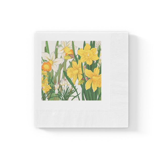 Daffodils by Tanigami Kônan White Coined Napkins – Spring Blooms & Japanese Woodblock Elegance