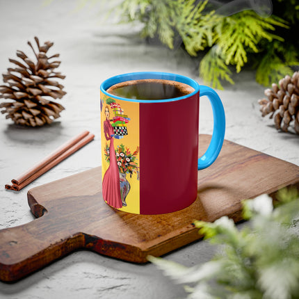 Elegant Holiday Woman with Gifts Colorful Mugs (11oz, 15oz)
