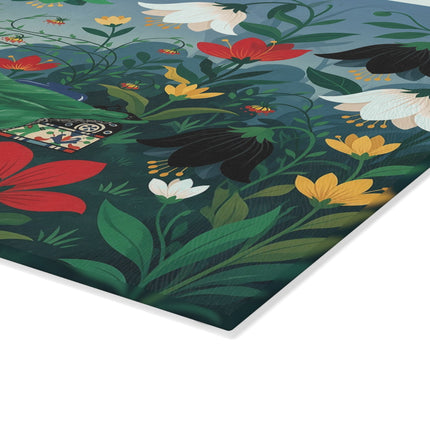 🌺🔍 The Lady In The Secret Garden Glass Cutting Board – Art Deco Floral Elegance