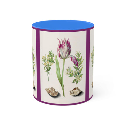 Tulip, Branches of Myrtle and Shells by Maria Sibylla Merian Colorful Mugs, 11oz