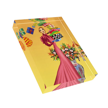 Elegant Holiday Woman with Gifts Acrylic Art Block