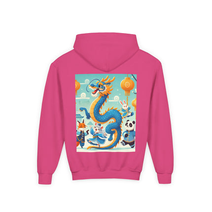 Blue & Gold Dragon Festival Parade Youth Hooded Sweatshirt – Joyful Celebration & Cultural Magic